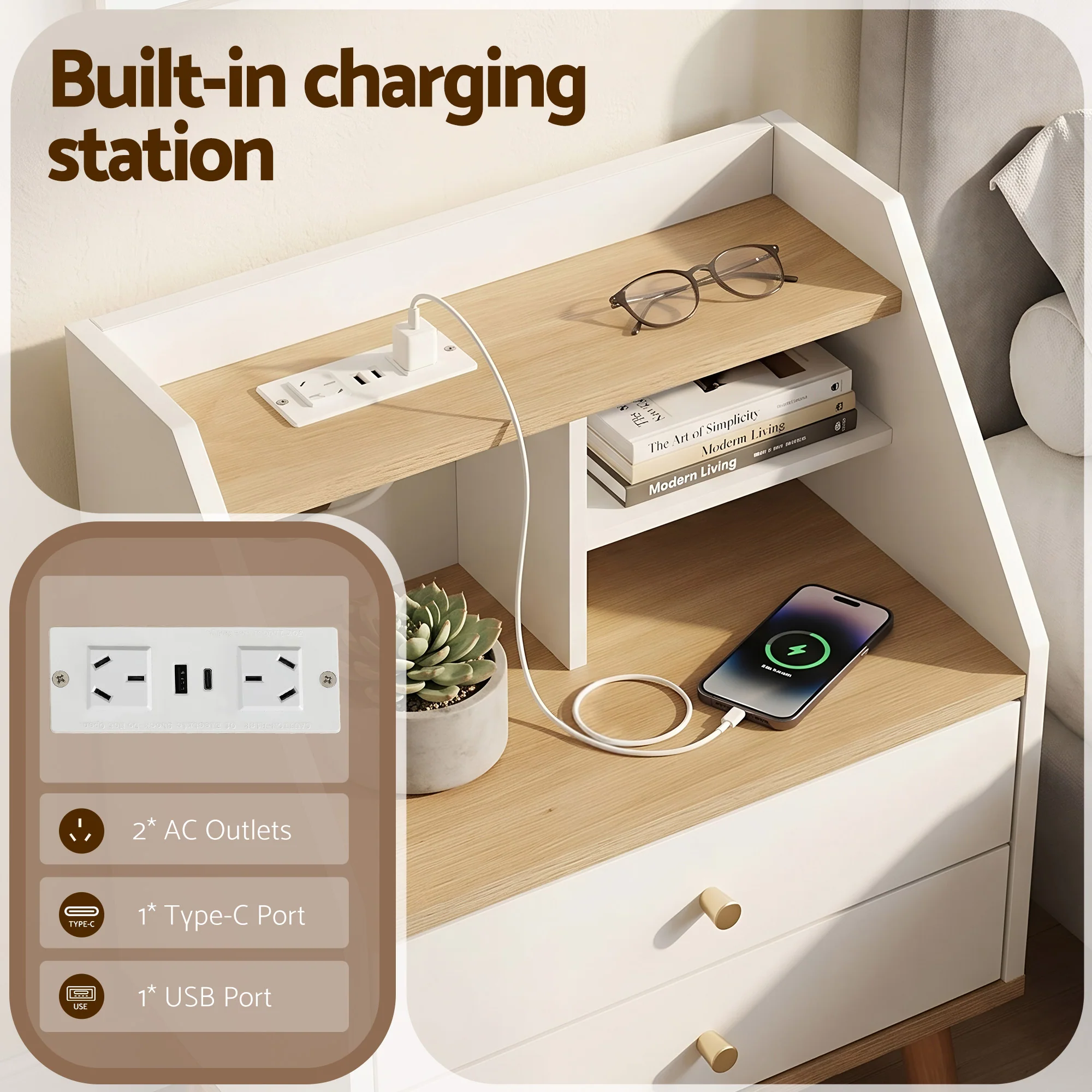 Artiss Bedside Table 2 Drawers Charging Station White and Pine - Image 6