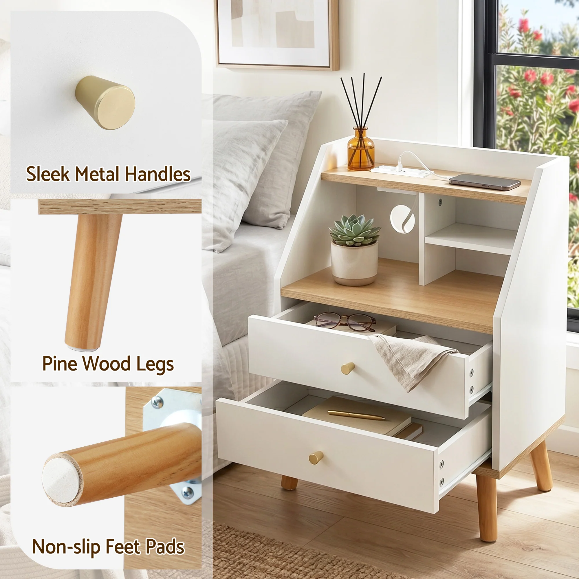 Artiss Bedside Table 2 Drawers Charging Station White and Pine - Image 7