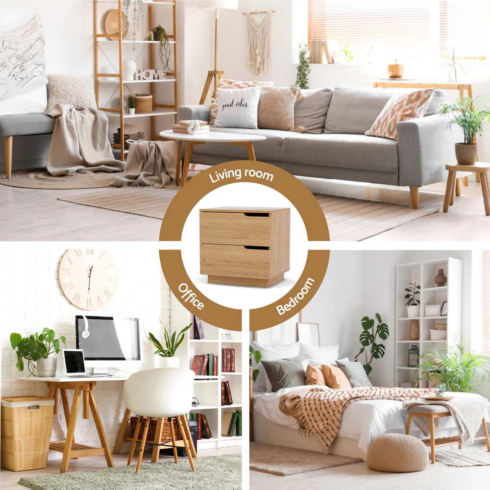 Artiss Bedside Table 2 Drawers Nightstand Pine - Image 7