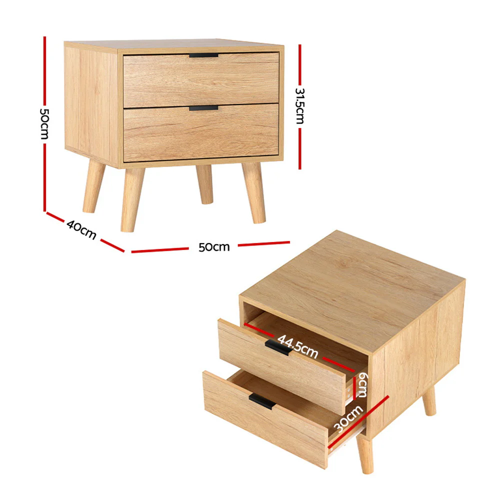 Artiss Bedside Table 2 Drawers - Pine - Image 2