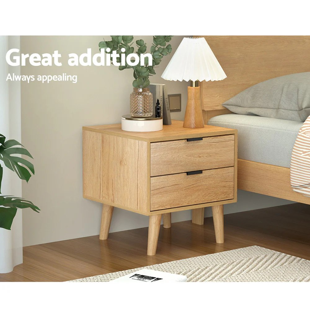 Artiss Bedside Table 2 Drawers - Pine - Image 4