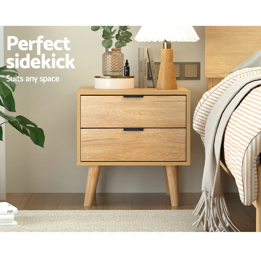 Artiss Bedside Table 2 Drawers - Pine - Image 5