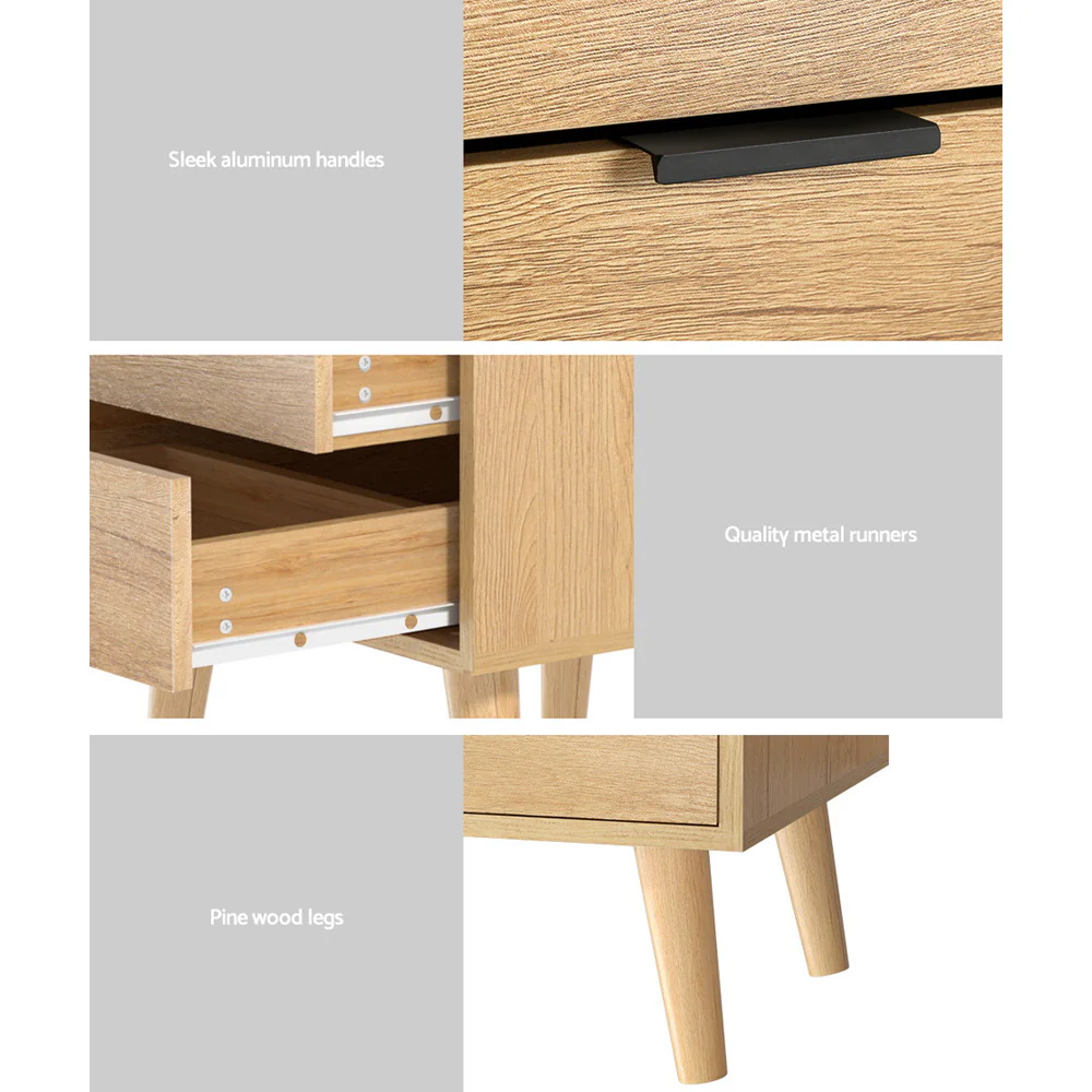 Artiss Bedside Table 2 Drawers - Pine - Image 6