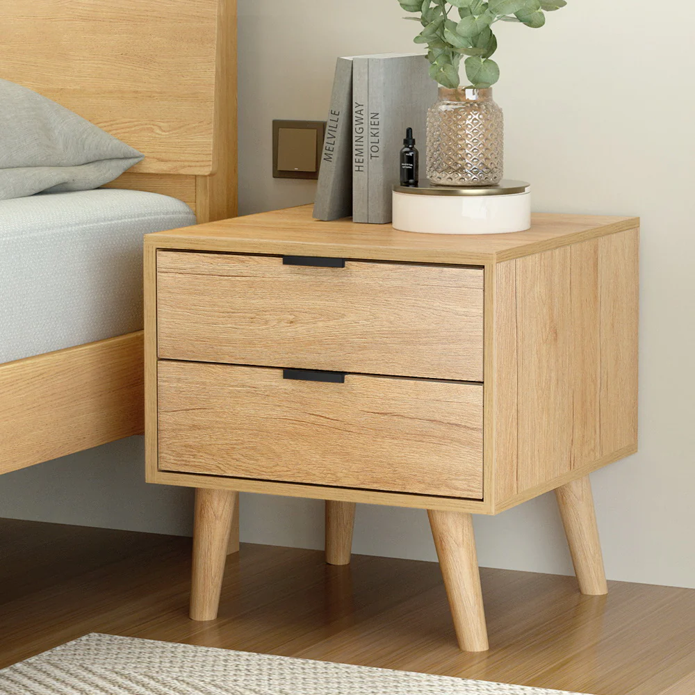 Artiss Bedside Table 2 Drawers - Pine - Image 7