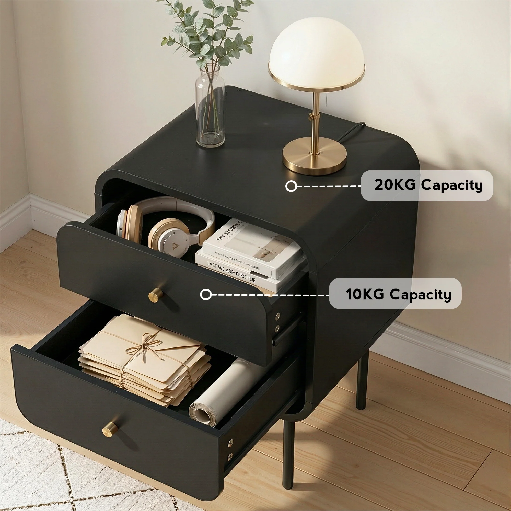 Artiss Bedside Table 2 Drawers Side End Table Nightstand Black - Image 6