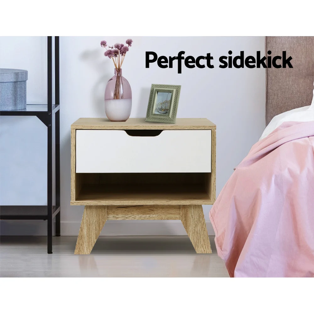Artiss Bedside Table 1 Drawer with Shelf - IKER White & Oak - Image 3
