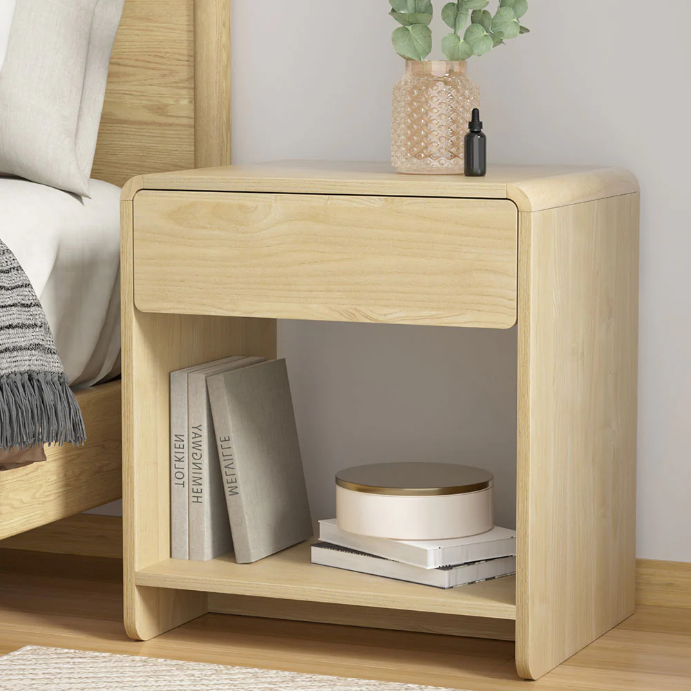 Artiss Bedside Table Drawer Open Shelf Pine - Image 2