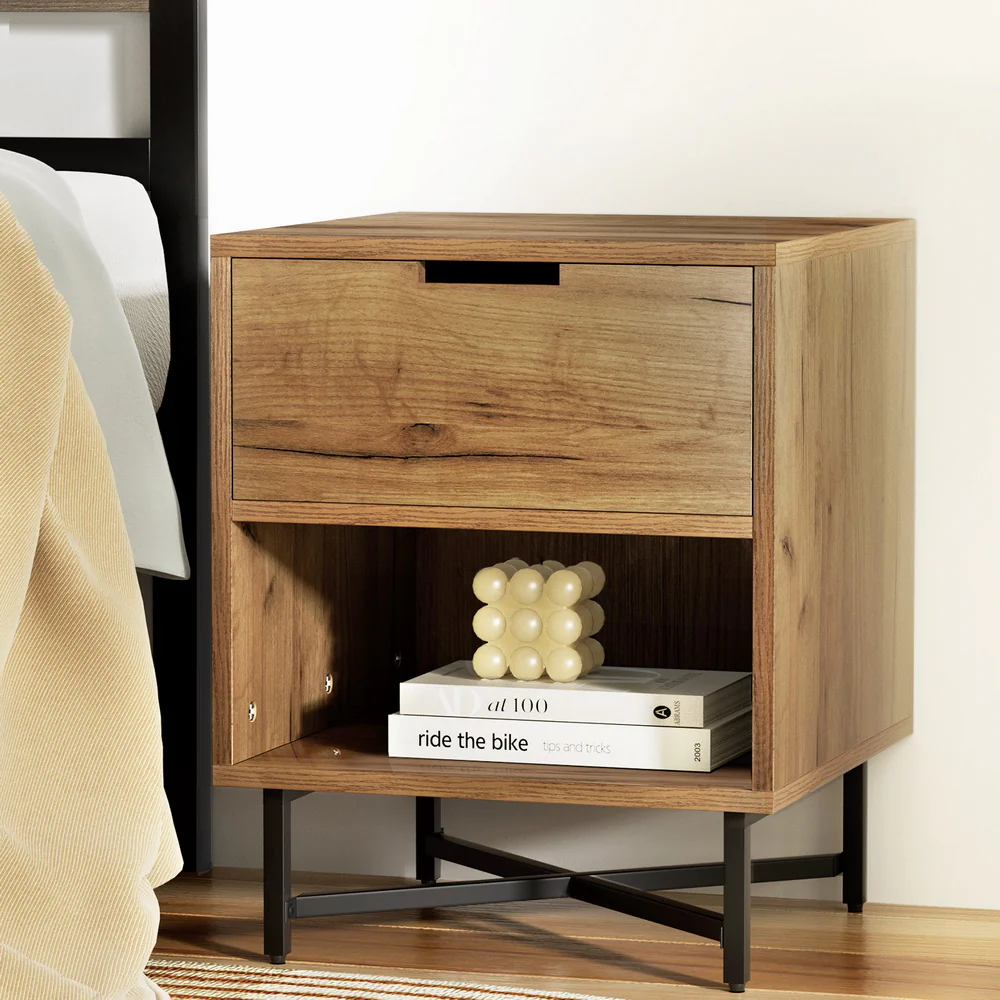 Artiss Bedside Table Drawers Side Table Shelf Storage Nightstand Rust Oak KRAVU - Image 2