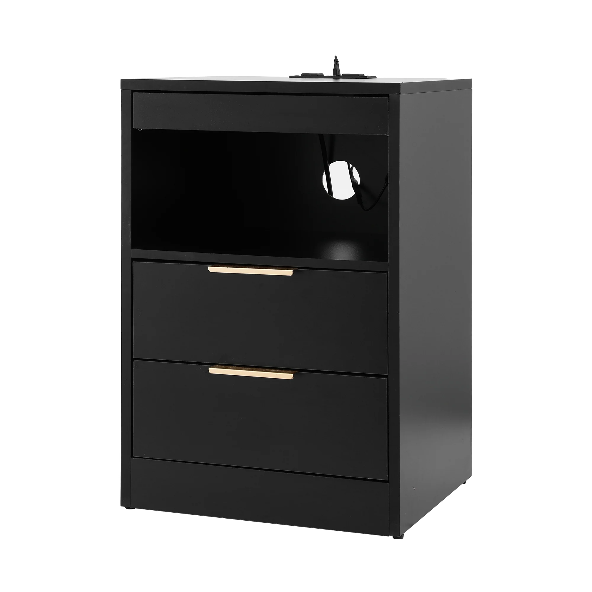 Artiss Bedside Table LED Nightstand Charging Station 2 Drawers - Black - Image 2