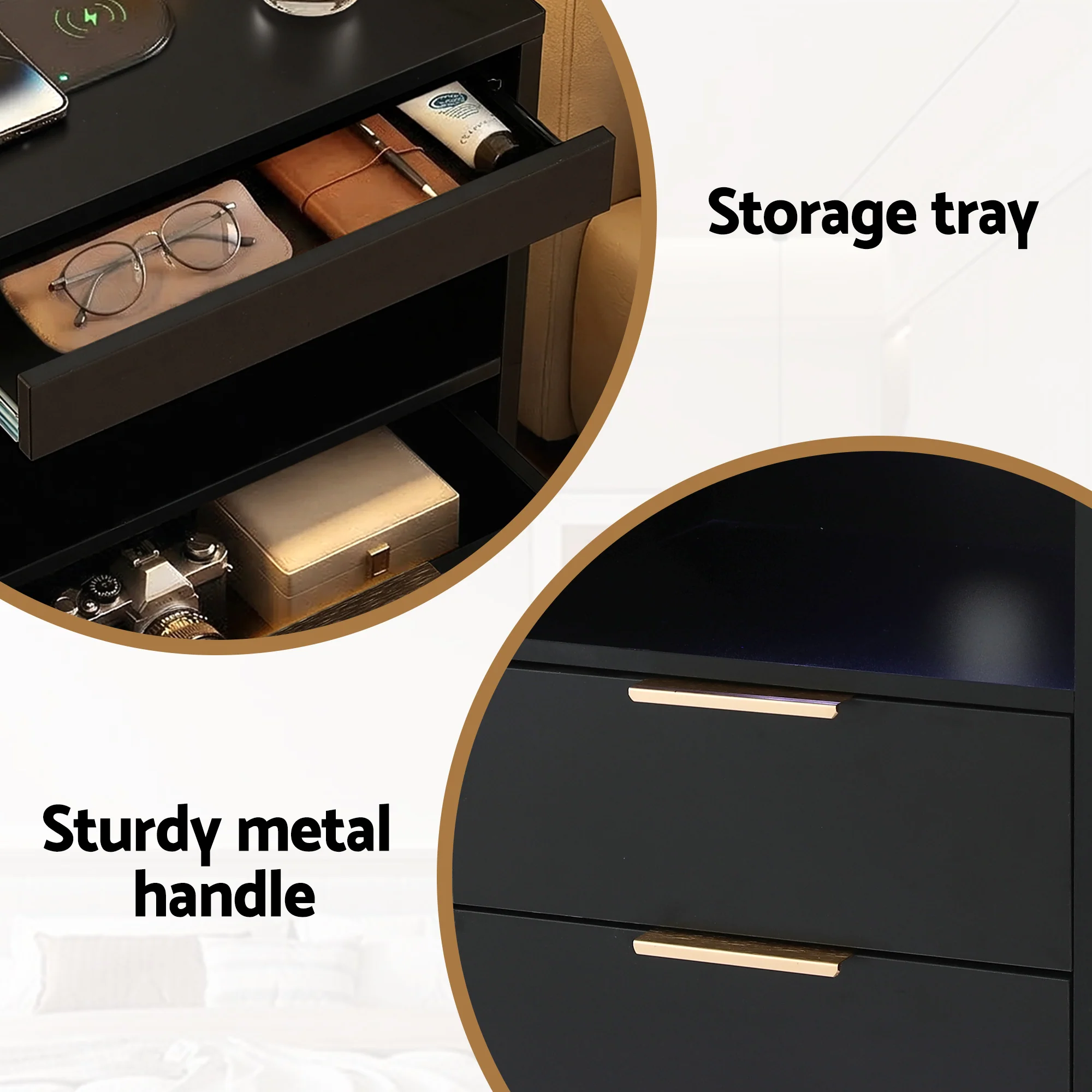 Artiss Bedside Table LED Nightstand Charging Station 2 Drawers - Black - Image 7