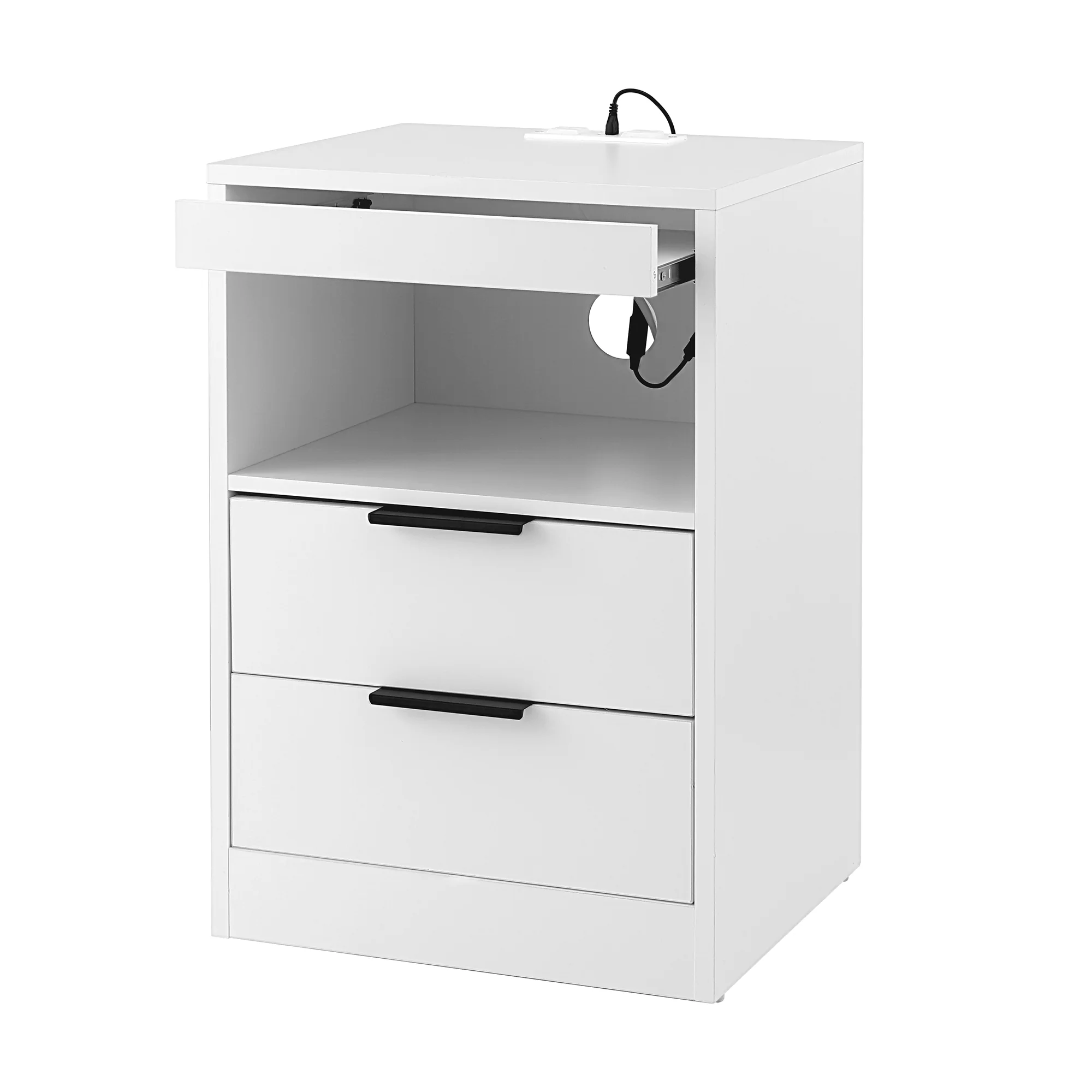Artiss Bedside Table LED Nightstand Charging Station 2 Drawers - White - Image 2