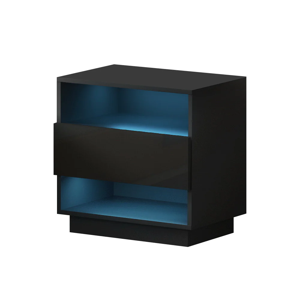 Artiss Bedside Table LED with 2 Shelves - HANA Black - Image 2