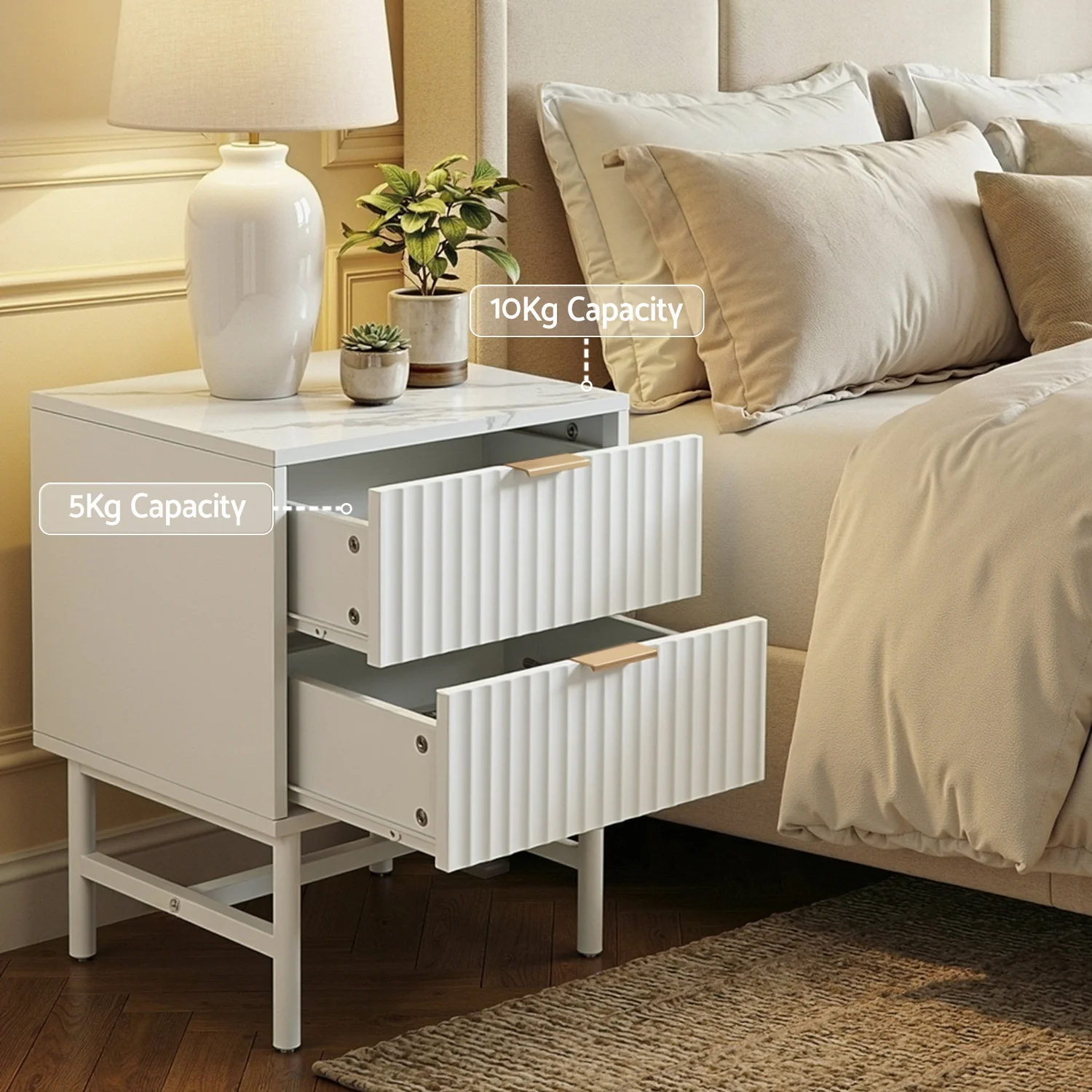 Artiss Bedside Table, MDF Bed Side Tables Storage Cabinet Desk with 2 Drawers, Bedroom Living Room Home Furniture Tallboy Lamp Nightstand Cabinets in 55cm Height White - Image 5