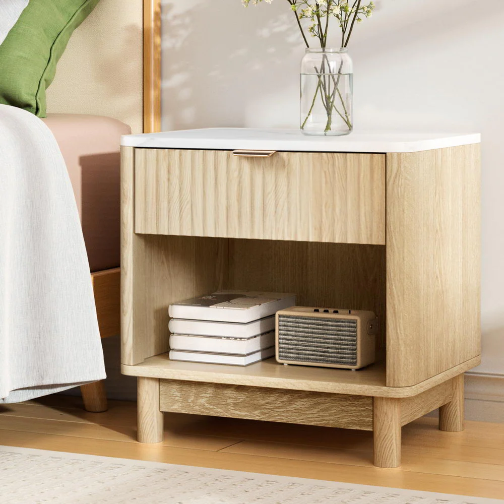 Artiss Bedside Table Nightstand 1 Drawer Shelves Pine - Image 7