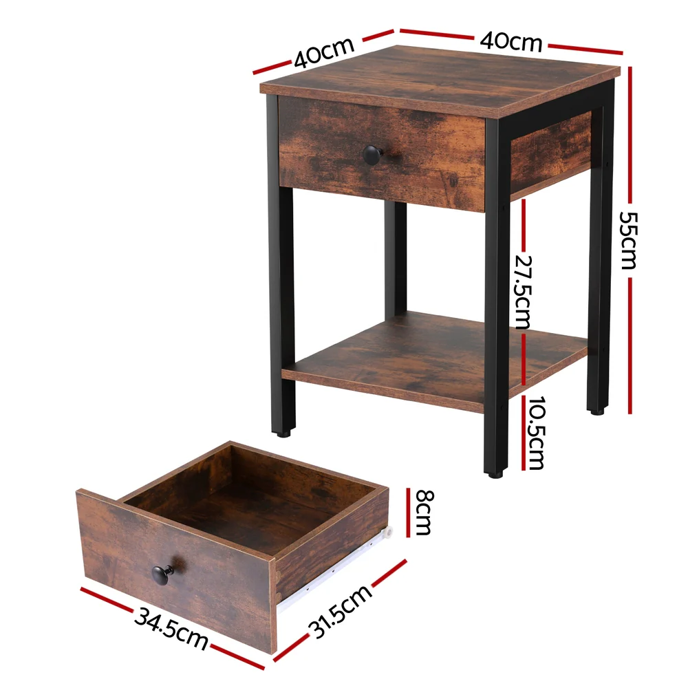 Artiss Bedside Table Nightstand 1 Drawer Shelves Walnut - Image 2
