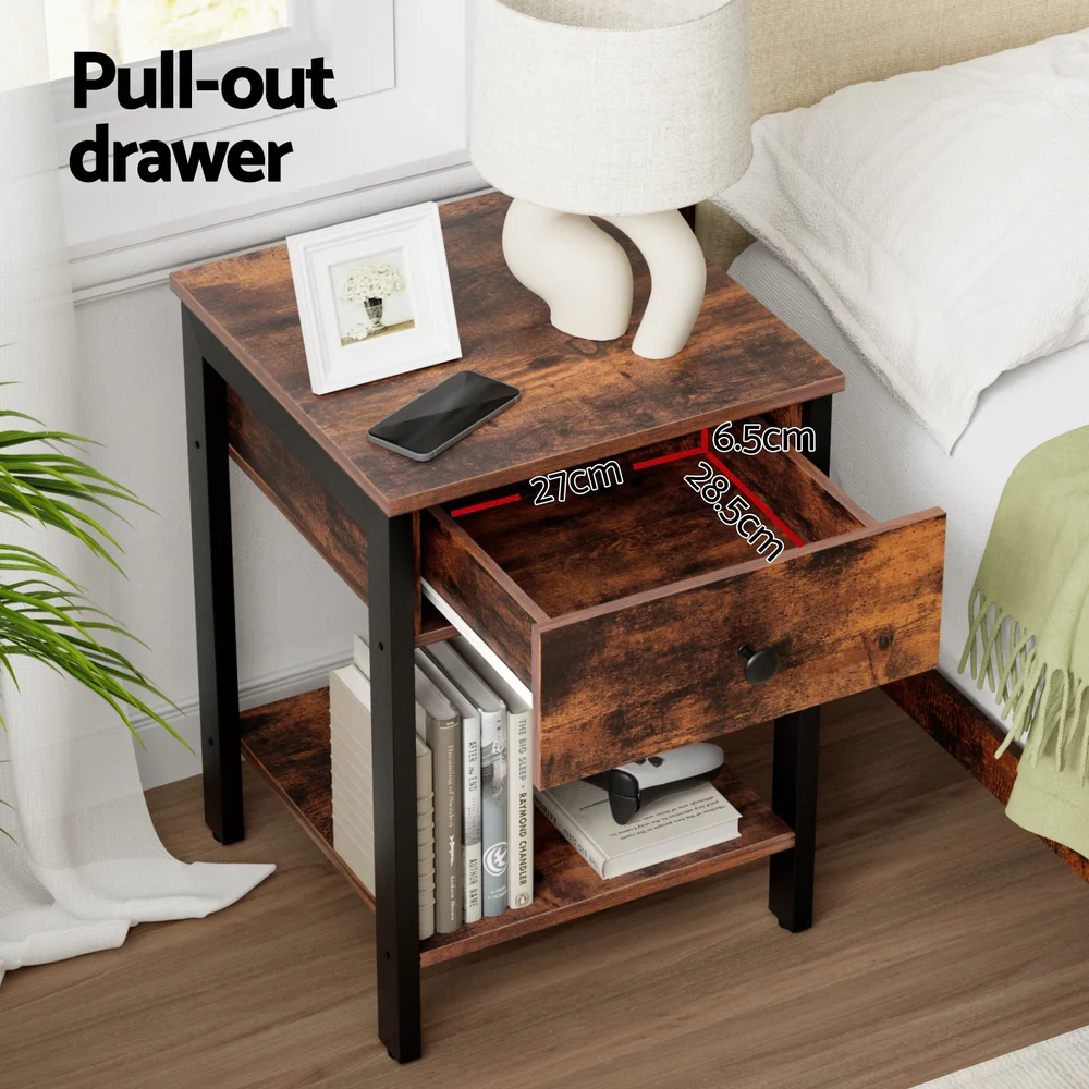 Artiss Bedside Table Nightstand 1 Drawer Shelves Walnut - Image 4