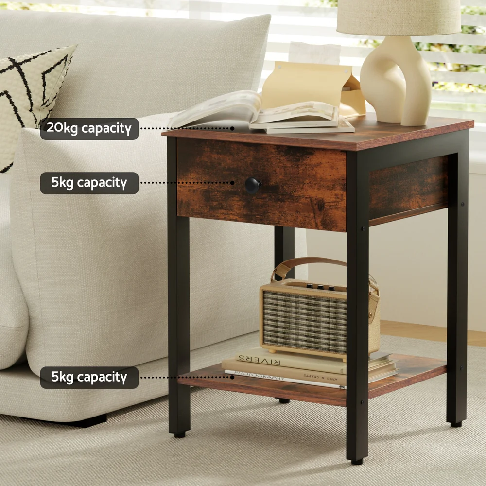 Artiss Bedside Table Nightstand 1 Drawer Shelves Walnut - Image 5