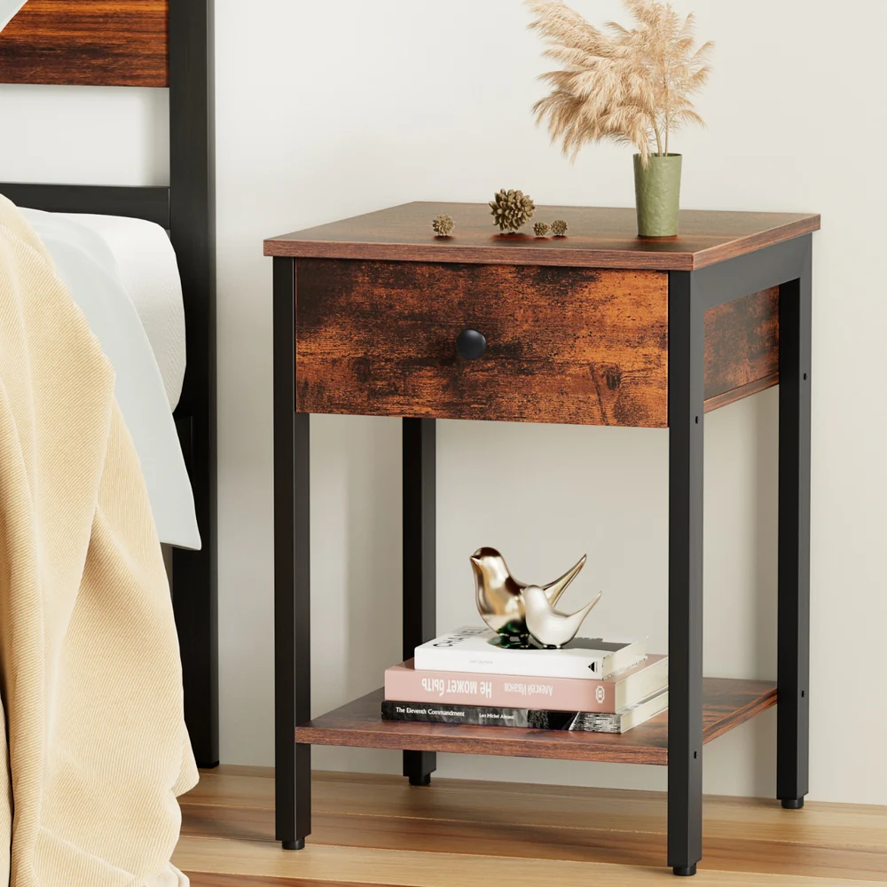 Artiss Bedside Table Nightstand 1 Drawer Shelves Walnut - Image 7