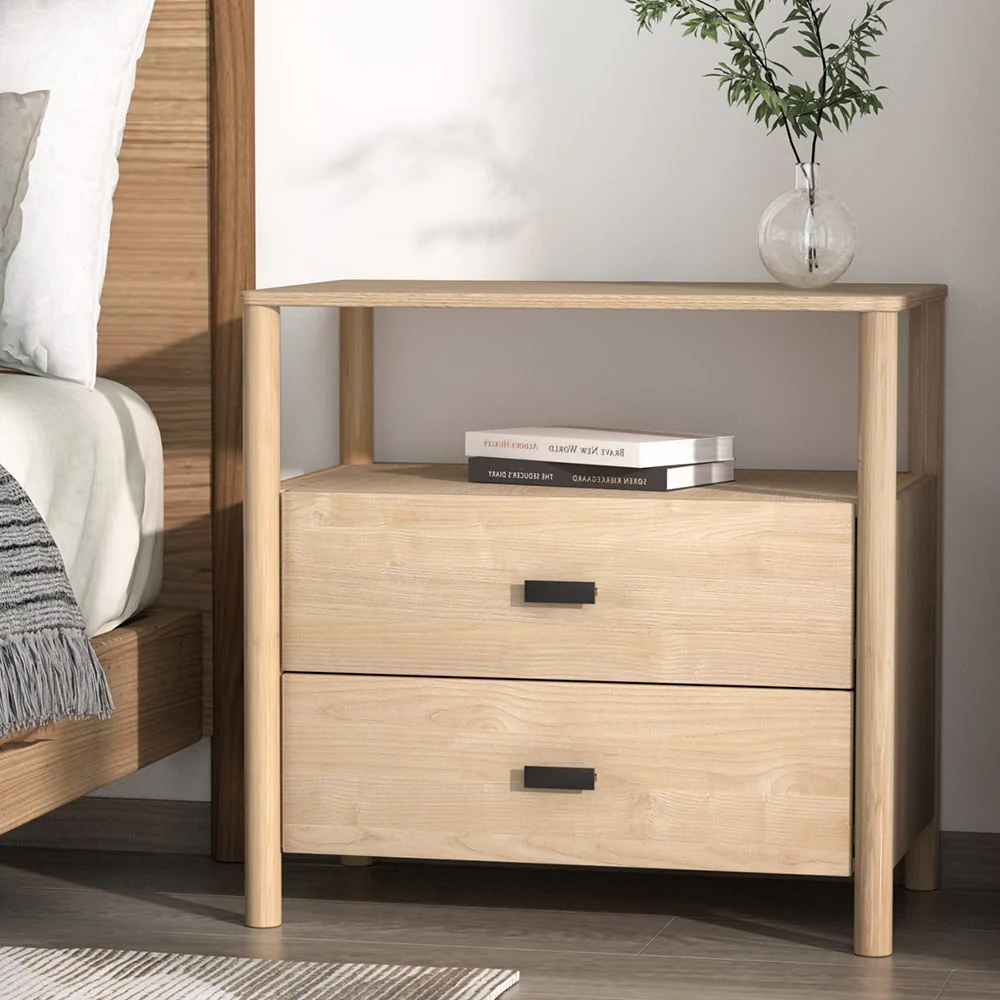 Artiss Bedside Table Nightstand 2 Drawers - Pine - Image 3
