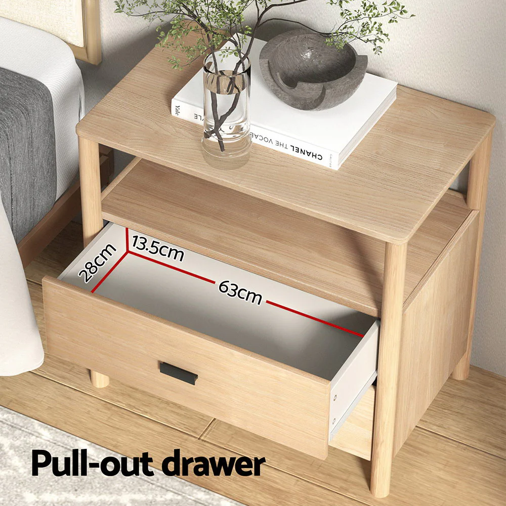 Artiss Bedside Table Nightstand 2 Drawers - Pine - Image 6