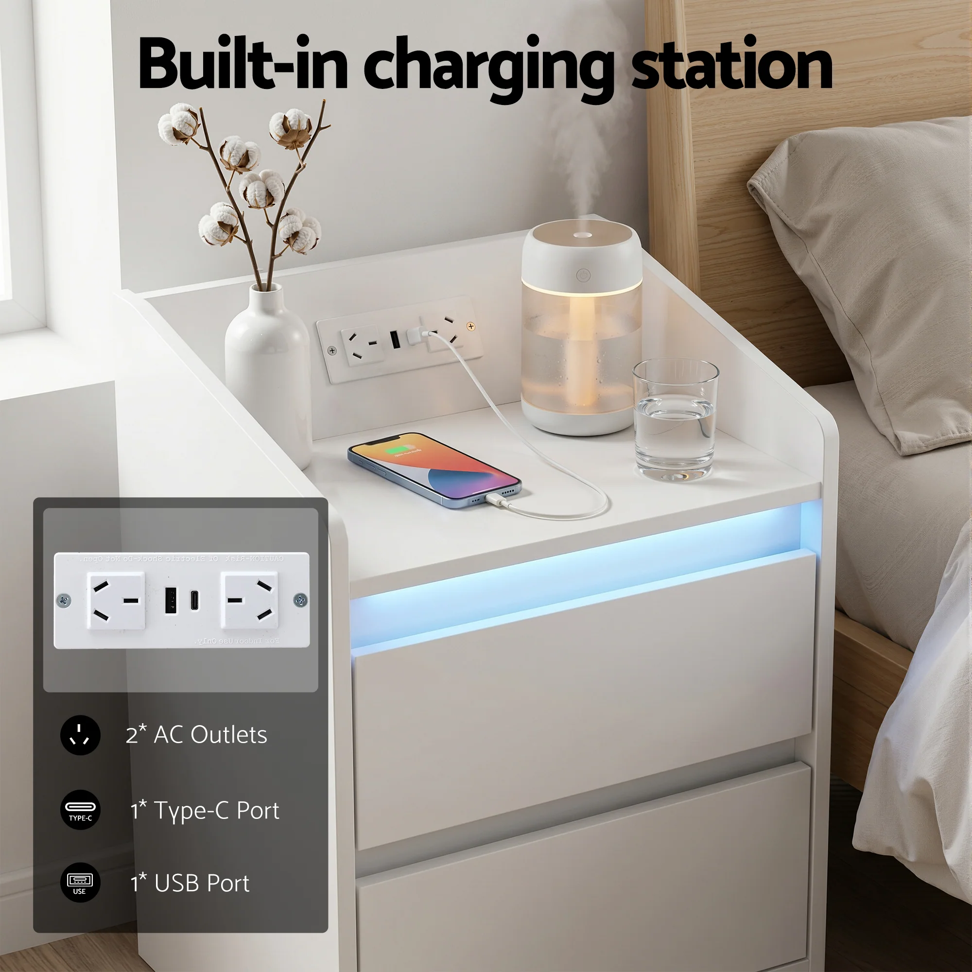 Artiss Bedside Table Nightstand with Charging Station 2 Drawers LED White - Image 6