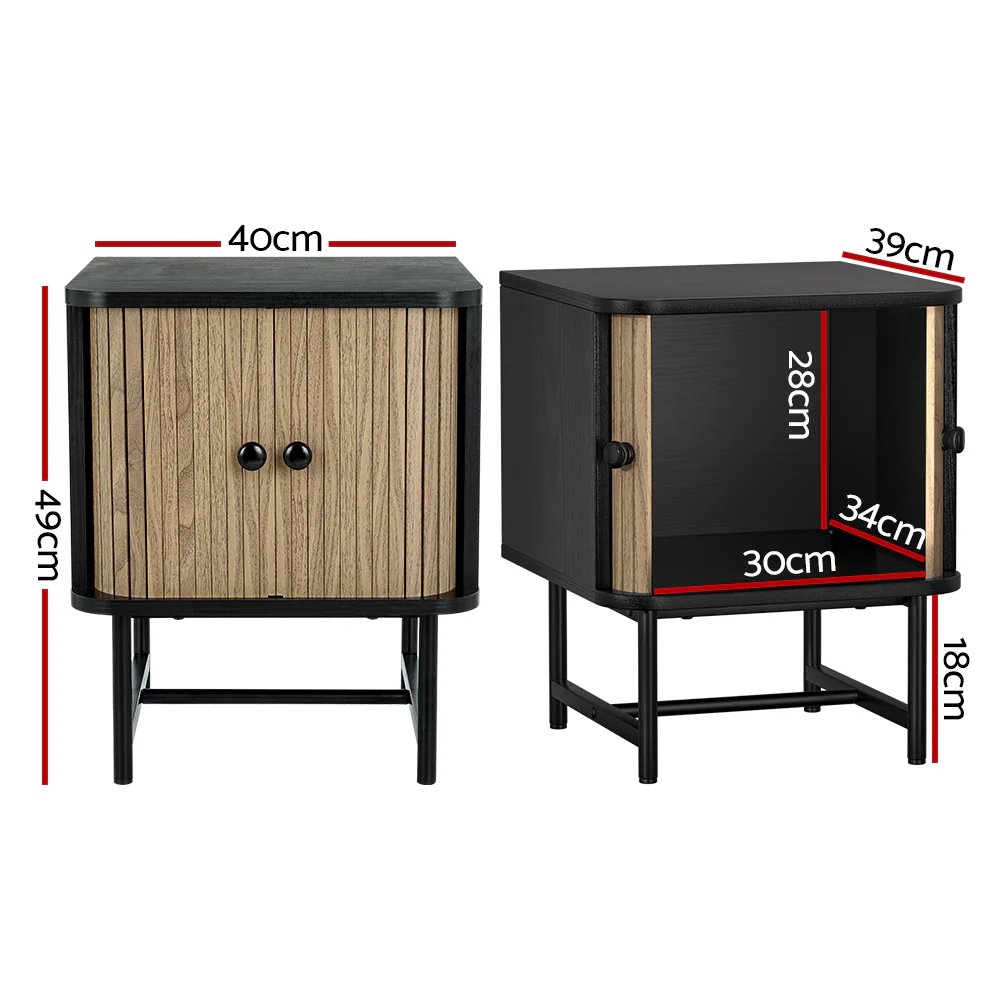 Artiss Bedside Table Side End Table Slidng Doors Storage Nightstand Black BORIS - Image 2
