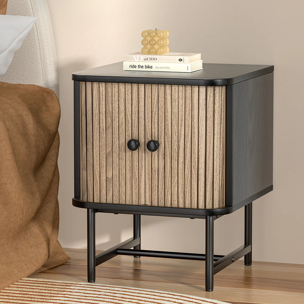 Artiss Bedside Table Side End Table Slidng Doors Storage Nightstand Black BORIS - Image 5