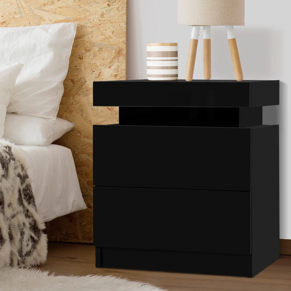 Artiss Bedside Table 2 Drawers Lift-up Storage - COLEY Black - Image 2