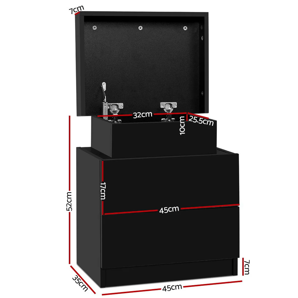 Artiss Bedside Table 2 Drawers Lift-up Storage - COLEY Black - Image 7