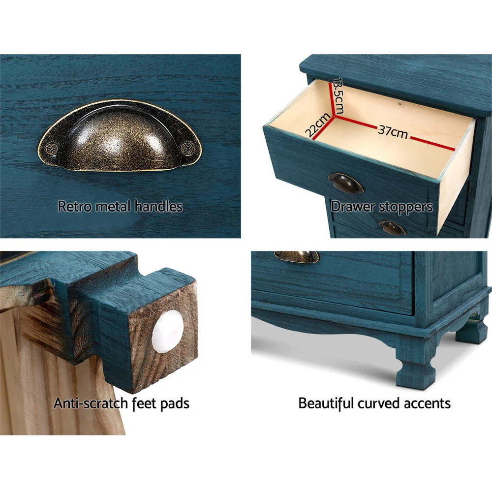 Artiss Bedside Table 3 Drawers Vintage - THYME Blue - Image 5