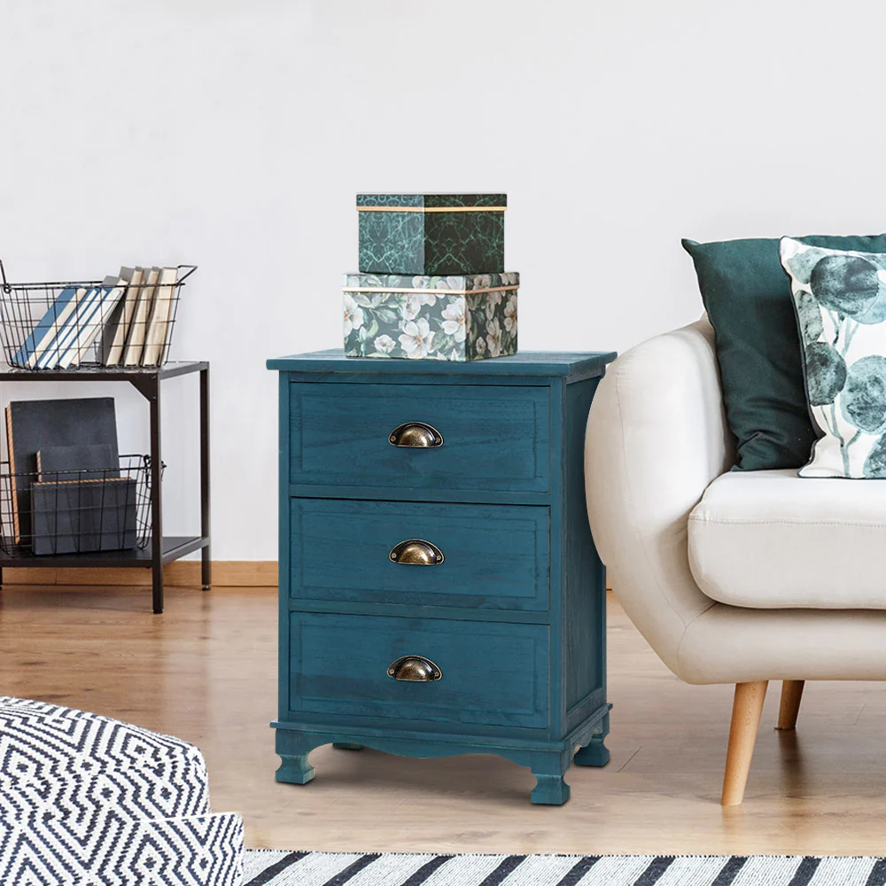 Artiss Bedside Table 3 Drawers Vintage - THYME Blue - Image 7