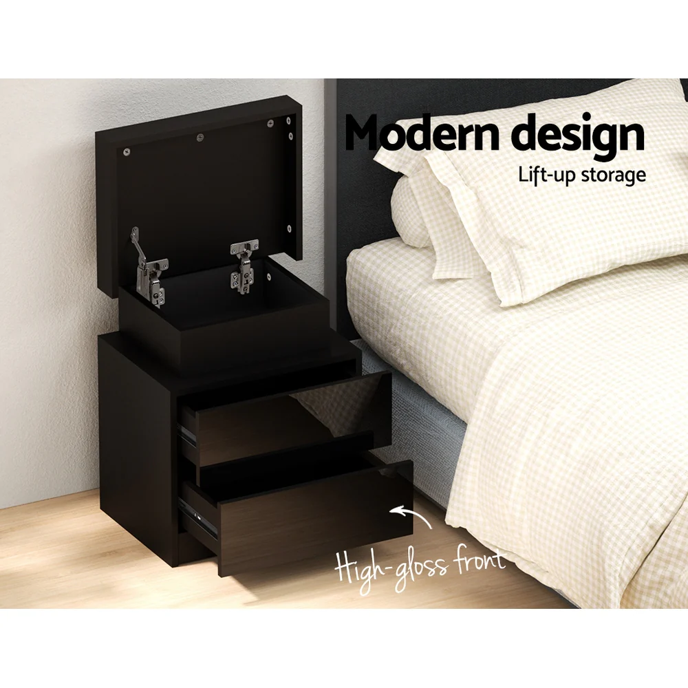 Artiss Bedside Table LED 2 Drawers Lift-up Storage - COLEY Black - Image 5