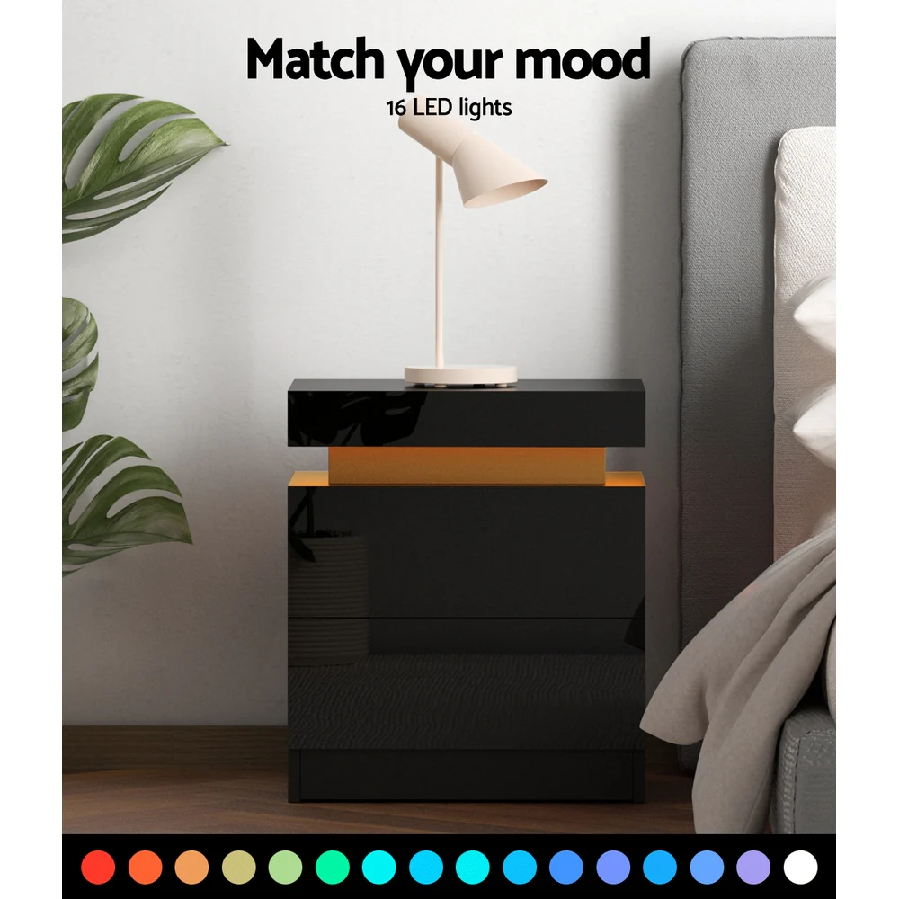 Artiss Bedside Table LED 2 Drawers Lift-up Storage - COLEY Black - Image 6