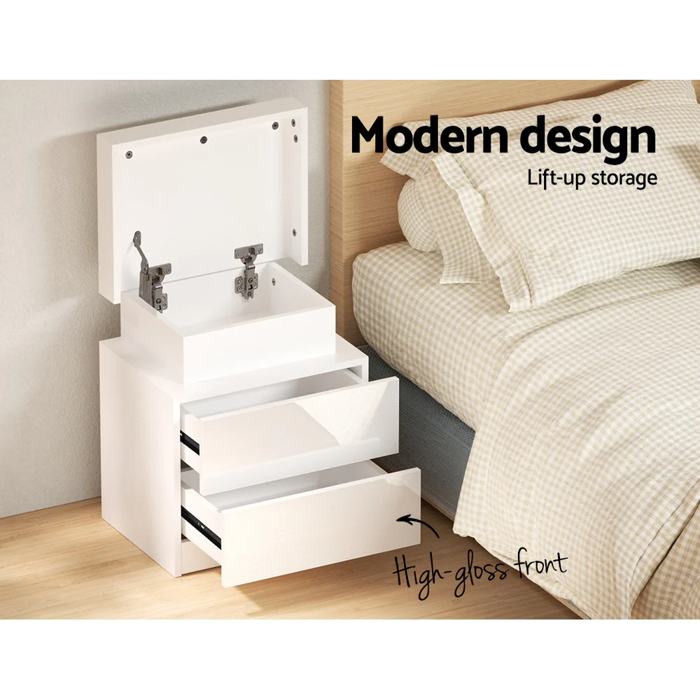 Artiss Bedside Table LED 2 Drawers Lift-up Storage - COLEY White - Image 5