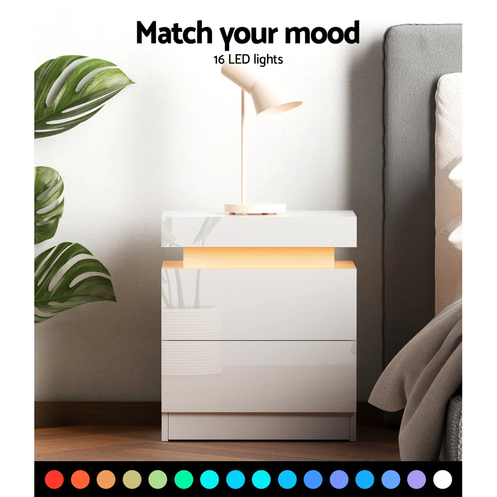 Artiss Bedside Table LED 2 Drawers Lift-up Storage - COLEY White - Image 6