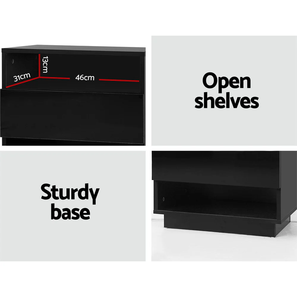 Artiss Bedside Table LED with 2 Shelves - HANA Black - Image 6