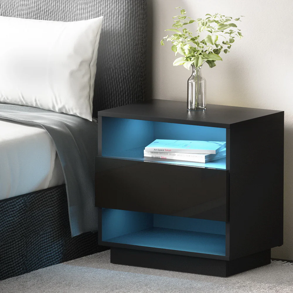 Artiss Bedside Table LED with 2 Shelves - HANA Black - Image 8