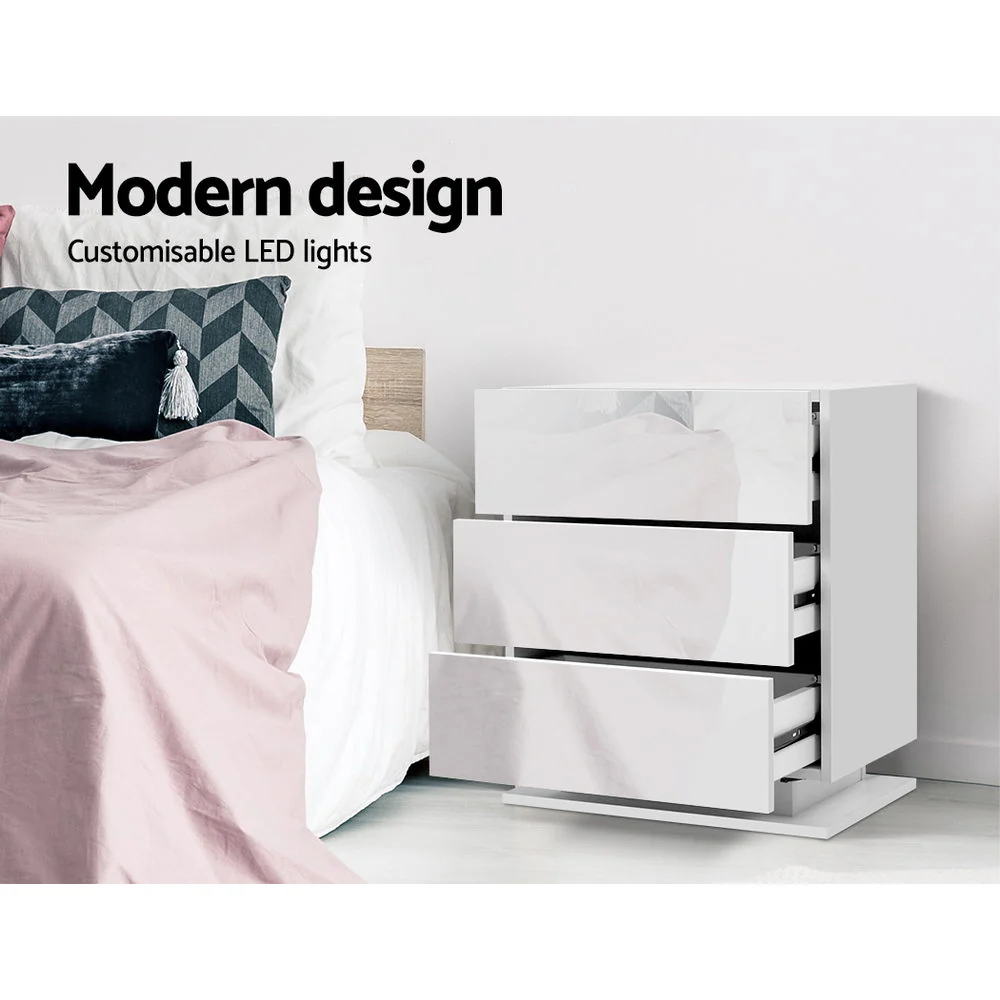 Artiss Bedside Table LED 3 Drawers - MORI White - Image 4