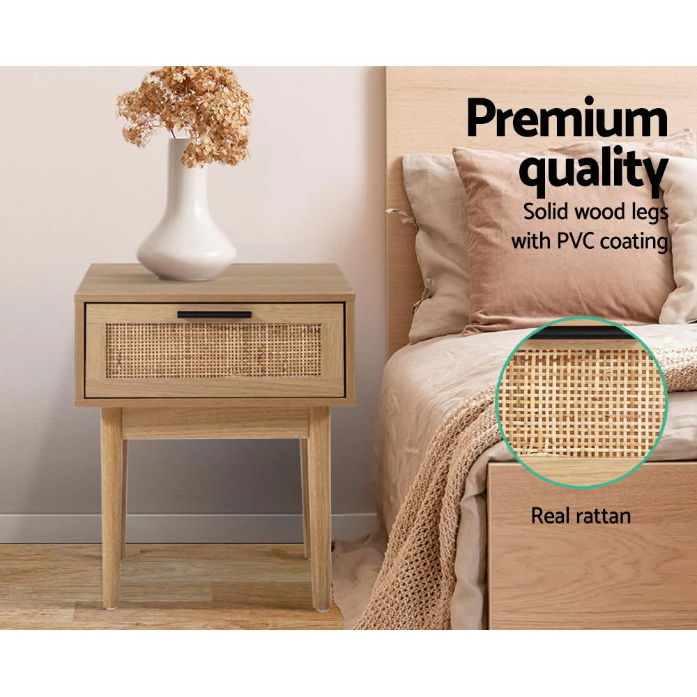 Artiss Bedside Tables Side Table Rattan Drawers Nightstand - Image 5