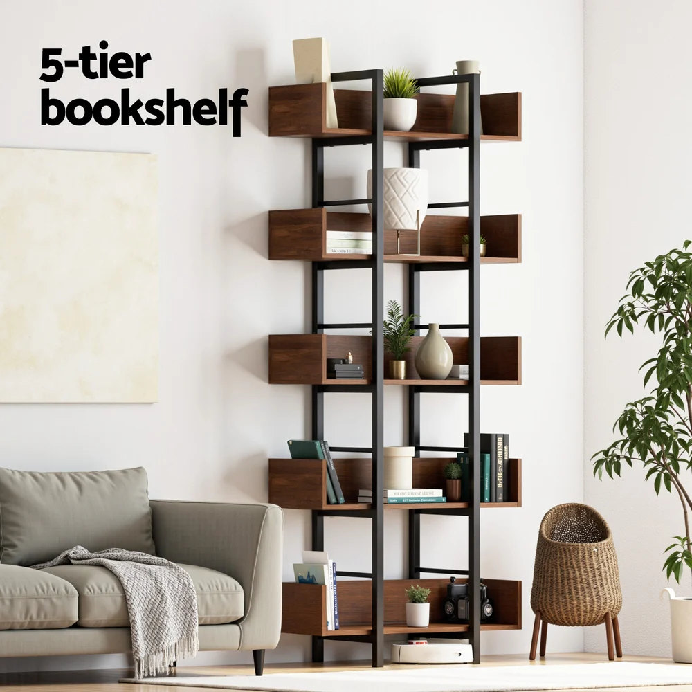 Artiss Bookshelf 5-Tier Bookcase Display Shelves Metal Storage Stand Rack Walnut - Image 6