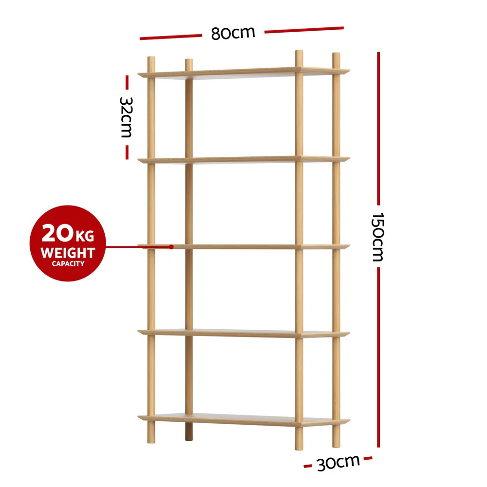 Artiss Bookshelf 5 Tiers Bookcase Display Shelves Wooden Storage Stand Rack Pine - Image 3