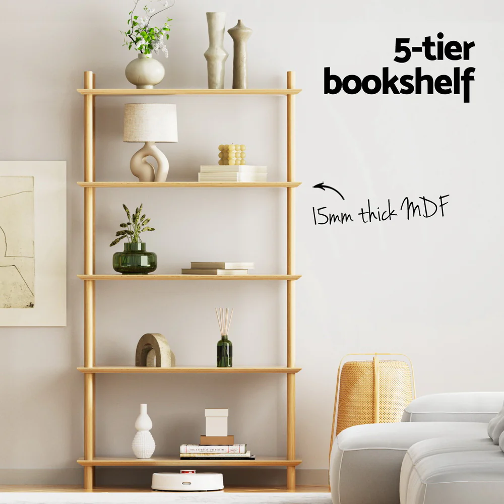 Artiss Bookshelf 5 Tiers Bookcase Display Shelves Wooden Storage Stand Rack Pine - Image 5