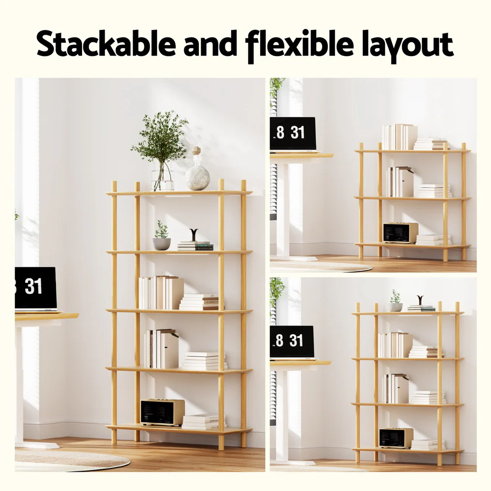 Artiss Bookshelf 5 Tiers Bookcase Display Shelves Wooden Storage Stand Rack Pine - Image 6