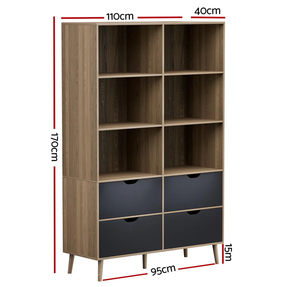 Artiss Bookshelf with 4 Drawers - MITZI Oak and Blue - Image 2