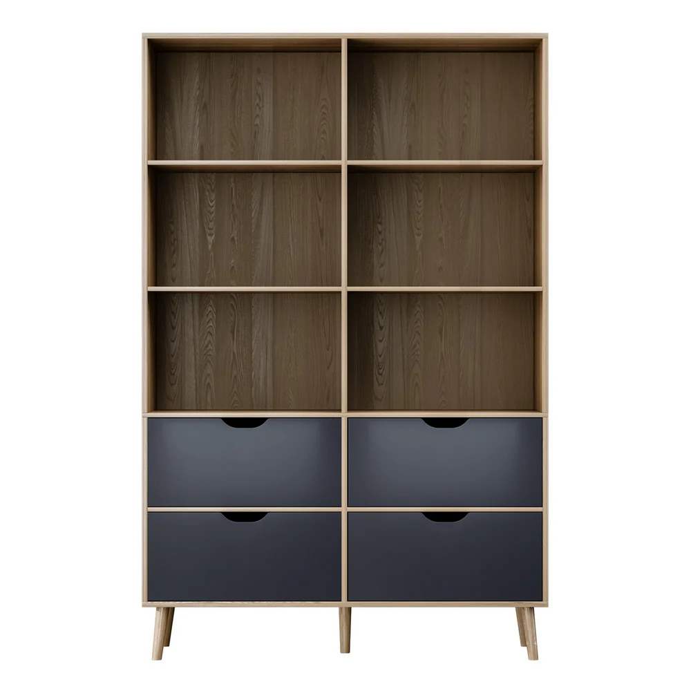 Artiss Bookshelf with 4 Drawers - MITZI Oak and Blue - Image 3