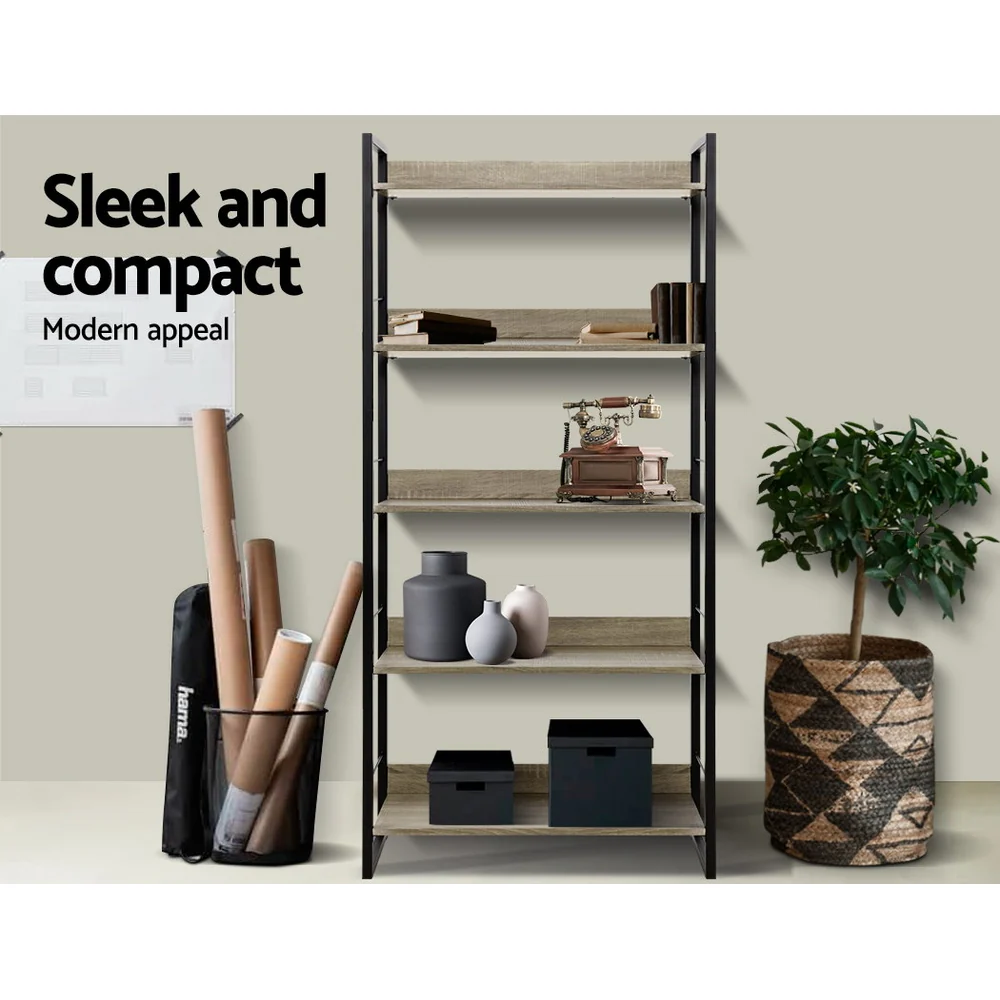 Artiss Bookshelf 5 Tiers - NOE Black and Oak - Image 5