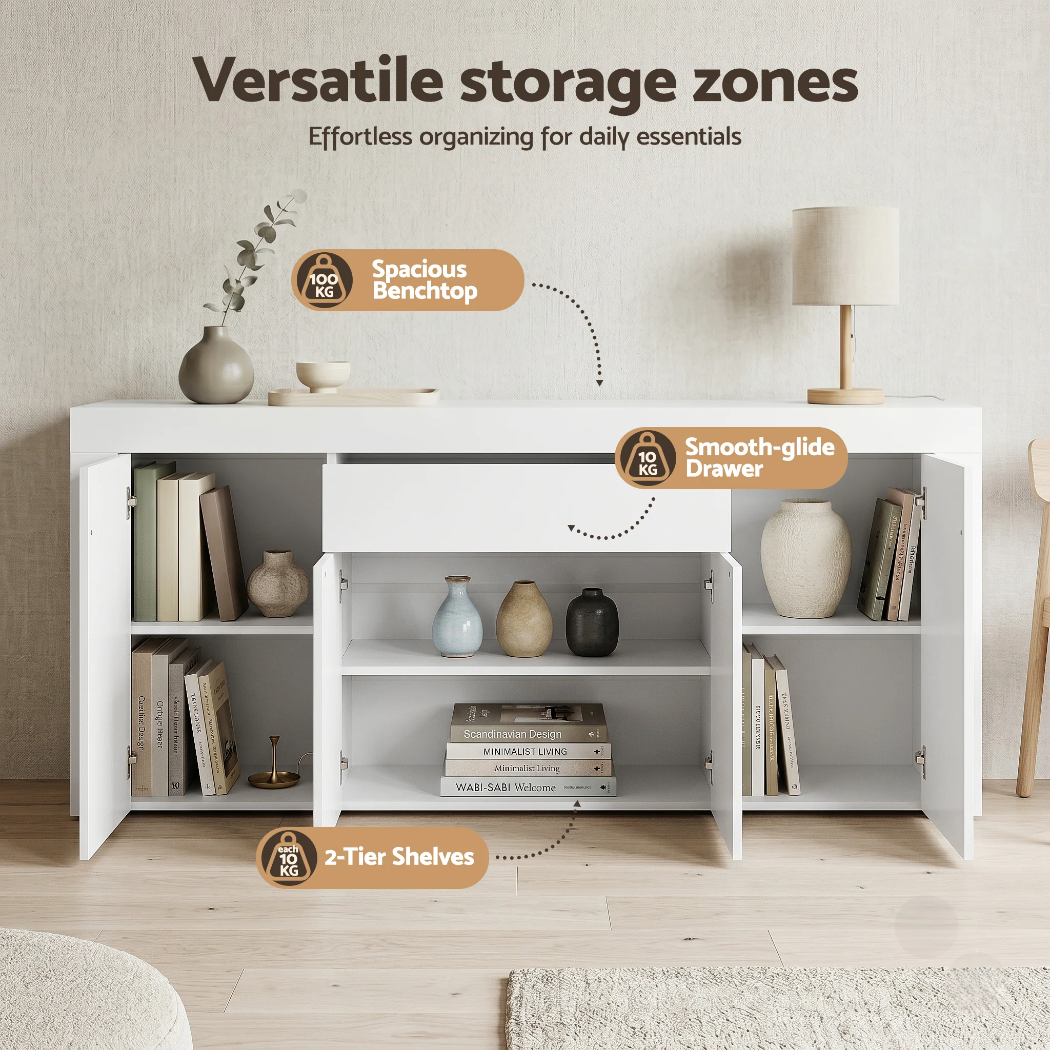 Artiss Buffet Sideboard Cabinet 180cm Cupboard Pantry Storage Drawer White DANA - Image 5