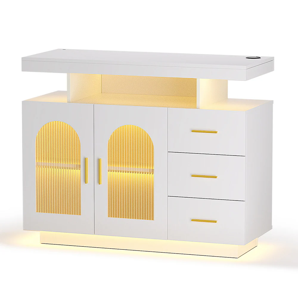 Artiss Buffet Sideboard Cabinet LED Clear Door Kitchen Storage Drawers White - Image 2