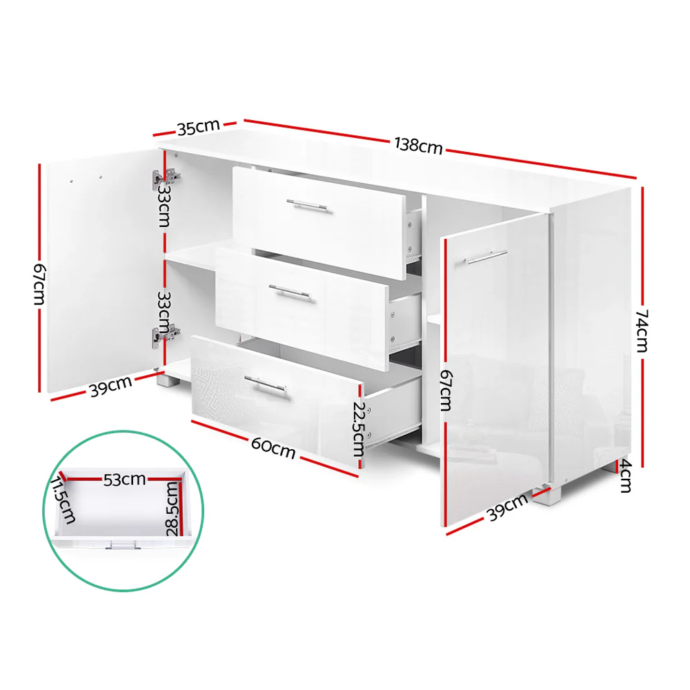 Artiss Buffet Sideboard High Gloss - White - Image 3