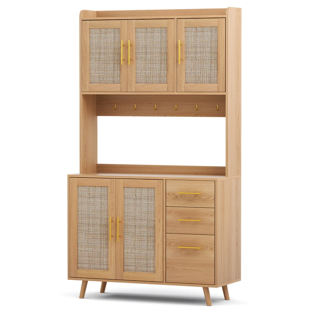 Artiss Buffet Sideboard Hutch Storage Cabinet Kitchen Cupboard Hooks Rattan Pine - Image 2